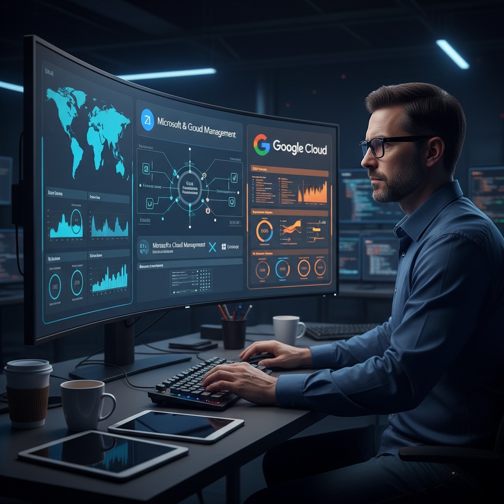 Um homem de óculos digita em um teclado diante de um grande monitor curvo que exibe gráficos de dados e o logotipo do Google Cloud.