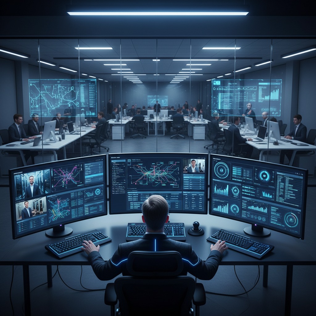 Um homem de terno está sentado de costas em uma sala escura, monitorando três telas grandes com gráficos de dados e mapas em um escritório corporativo moderno com paredes de vidro.