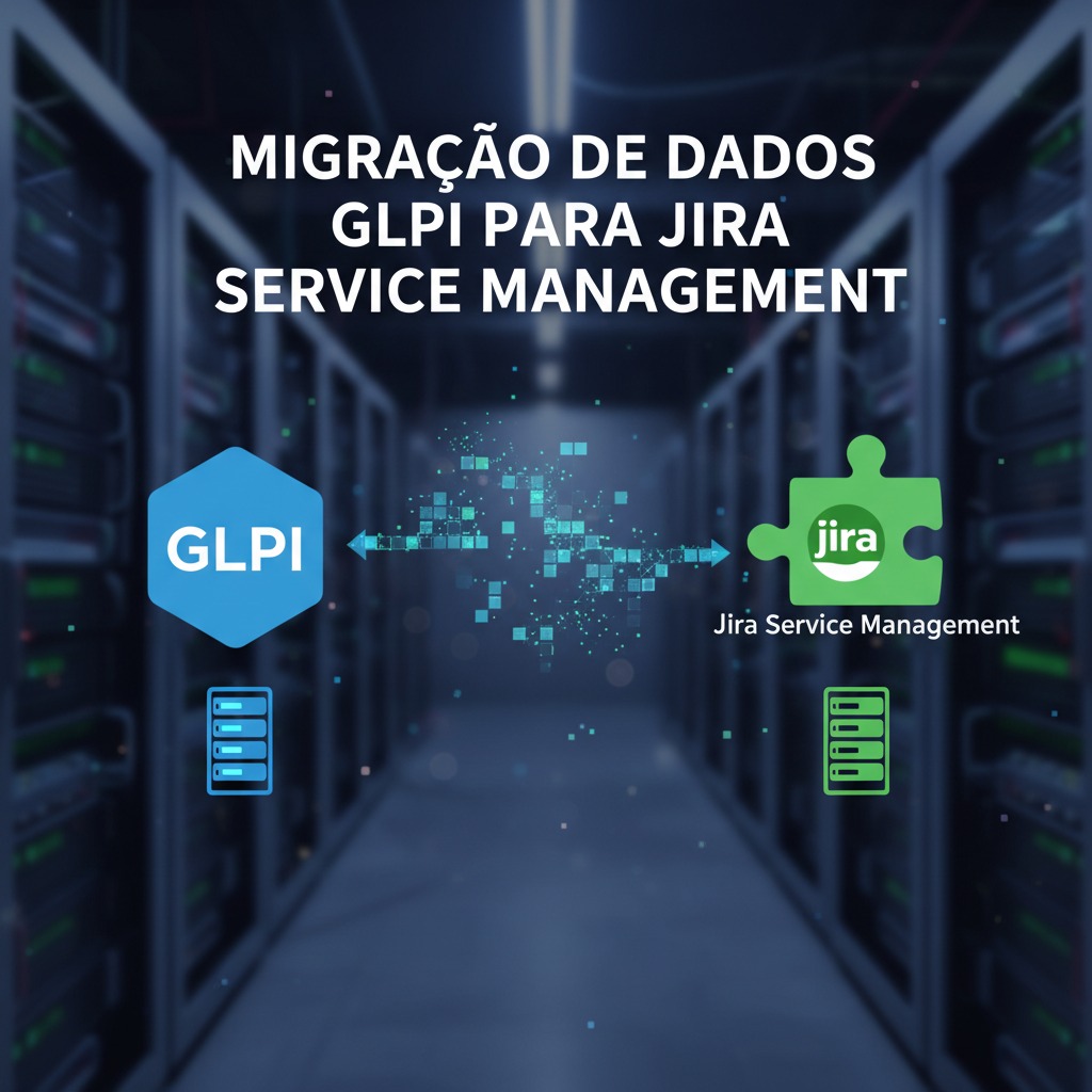 Ilustração sobre migração de dados do GLPI para o Jira Service Management sobre um fundo de data center.