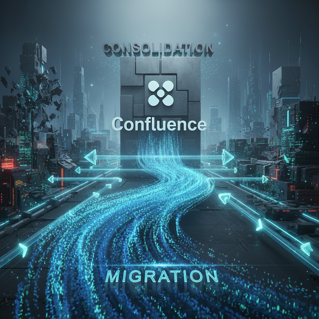 Uma ilustração futurista com um fluxo de dados azul brilhante fluindo de um grande bloco com o logotipo da Confluence em uma cidade cyberpunk, acompanhado pelas palavras "CONSOLIDATION" e "MIGRATION".