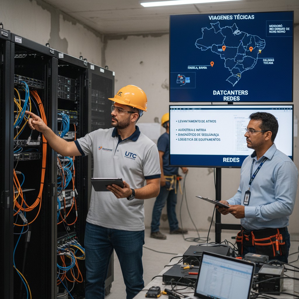 Dois técnicos em telecomunicações trabalham em uma sala de servidores, com um apontando para os cabos em um rack e o outro segurando uma prancheta diante de telas que mostram gráficos e um mapa do Brasil. Refaça a imagem e corrija a palavra DATCANTES para DATACENTERS