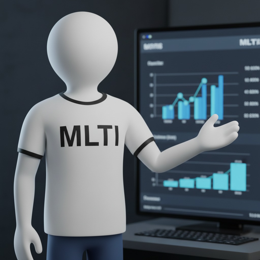 Boneco branco em 3D usando uma camiseta com o texto MLTI aponta para um monitor que exibe gráficos de dados financeiros.